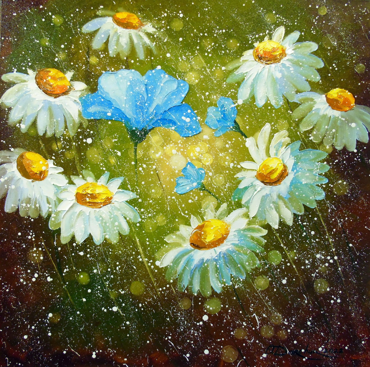 Impressionist painting of white daisies with blue butterfly in green field