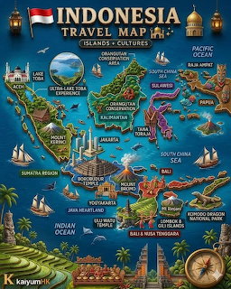 Colorful illustrated travel map of Indonesia highlighting islands, landmarks, and cultural icons