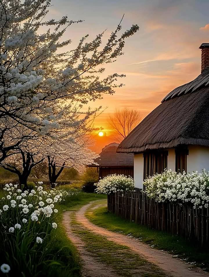 Thatched cottage beside dirt path with white flowers and blossoming trees at sunset