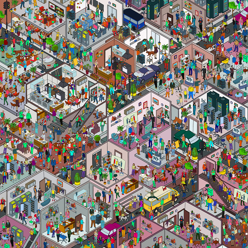 Colorful isometric cutaway view of a multi-room university building showing students and staff in various campus activities