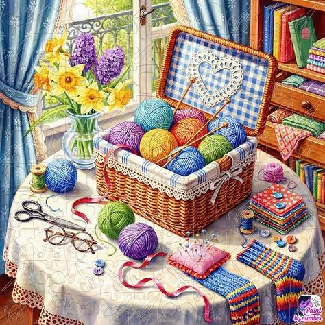 Wicker sewing basket overflowing with colorful yarn balls, scissors, buttons, and daffodils on a lace tablecloth