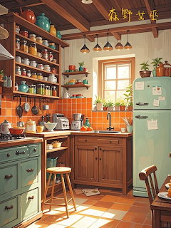 Anime illustration of a cozy kitchen interior with wooden cabinets and warm lighting