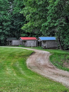Three rustic log cabins with red and blue roofs along a dirt path surrounded by green lawn and trees