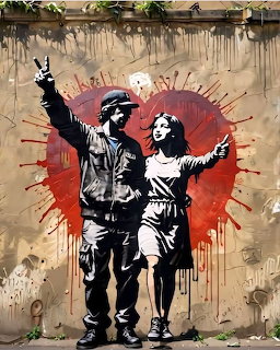 Street art mural of a soldier and girl in front of a red heart on a weathered wall