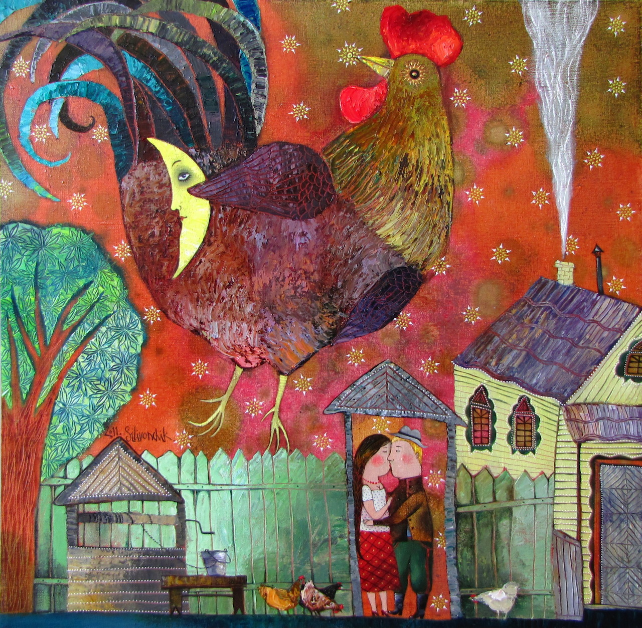 Colorful folk art painting of ornate rooster over village houses with red floral background