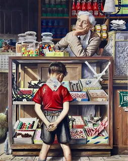 Painting of a boy looking at candy in a glass display case with an old shopkeeper leaning on the counter