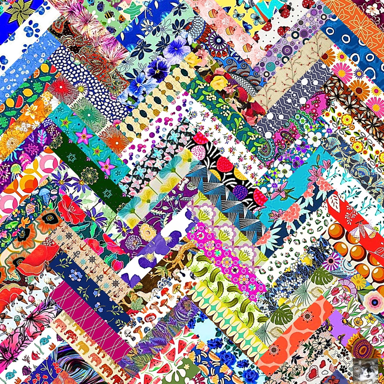 Colorful patchwork quilt with diagonal strips of various floral, geometric, and abstract fabric patterns