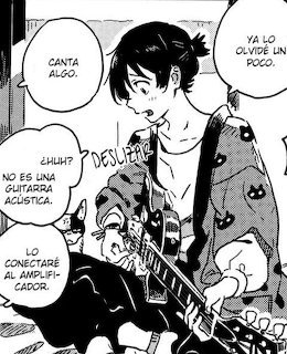 Black-and-white manga panel of a young man in a robe holding an acoustic guitar