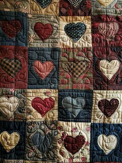 Patchwork quilt with heart-shaped fabric patches in various colors and patterns arranged in a grid