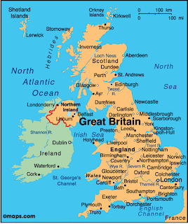 Map of Great Britain with major cities, surrounding seas, and nearby islands