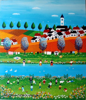 Colorful naive painting of a village with white houses, church, hills, trees, and people by a river