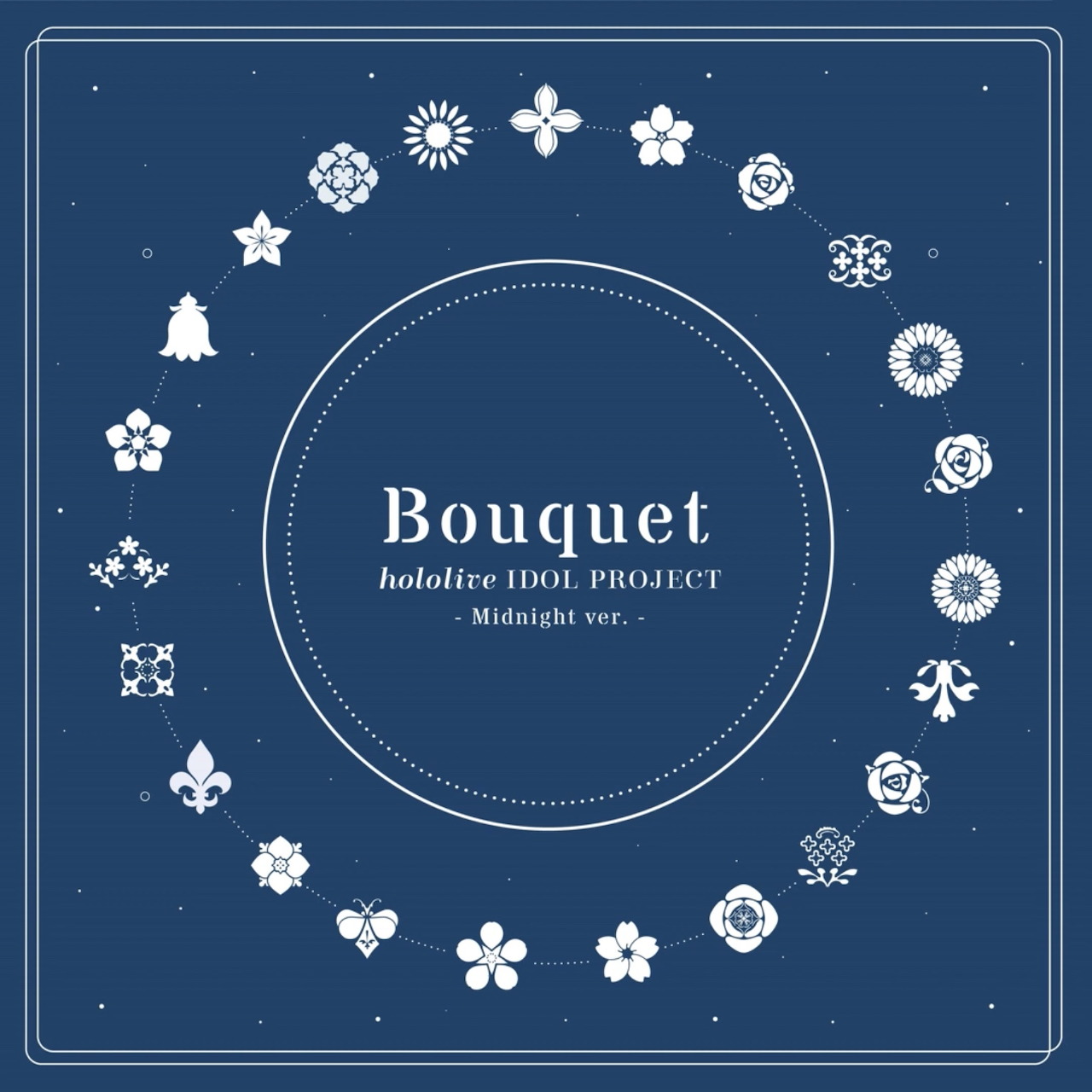 Blue illustrated cover with a white floral ring around centered Bouquet text