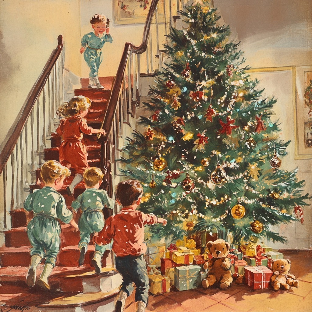 Children in pajamas descending stairs toward illuminated Christmas tree with wrapped gifts