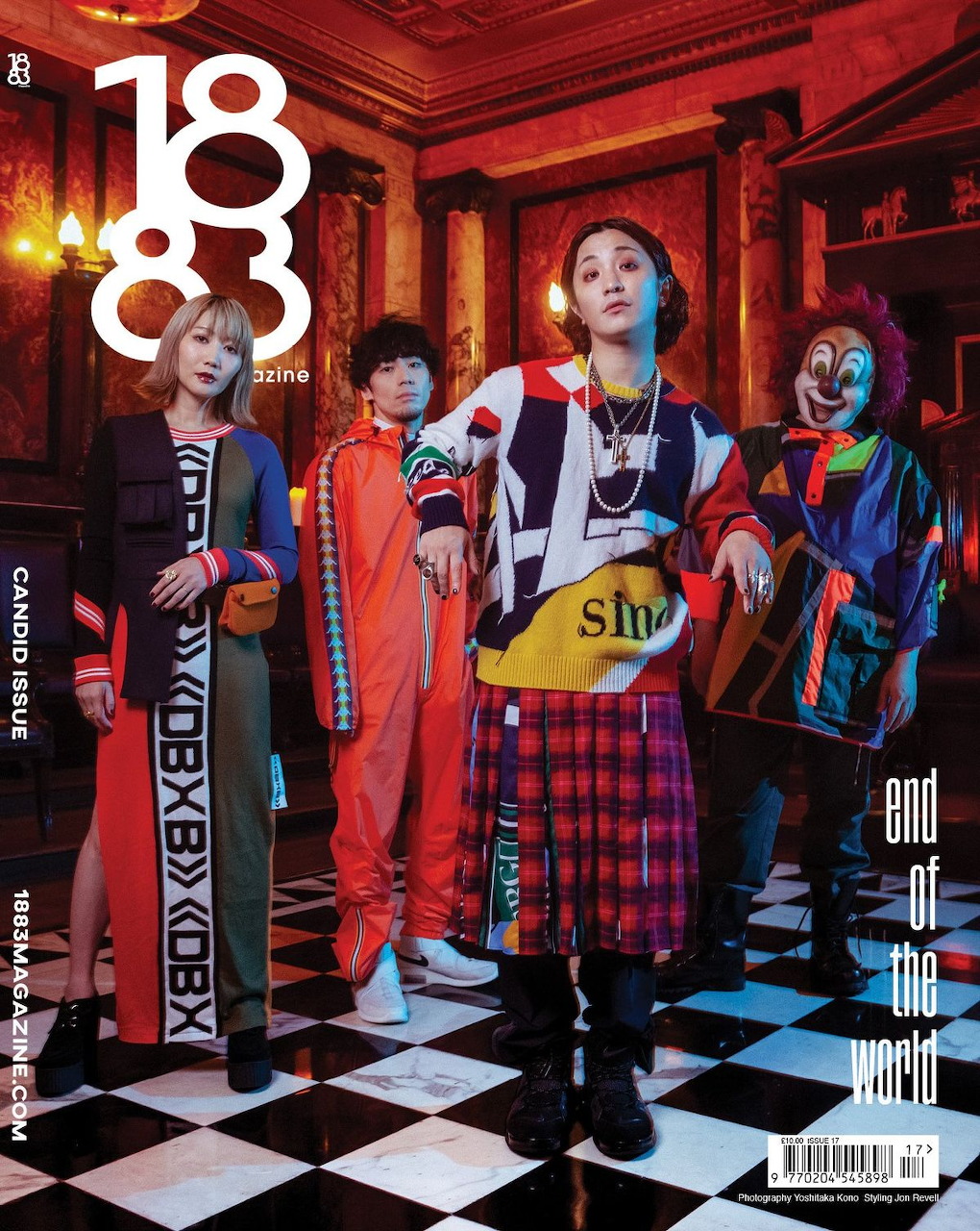 Four fashion models on 1883 magazine cover with clown and ornate interior backdrop