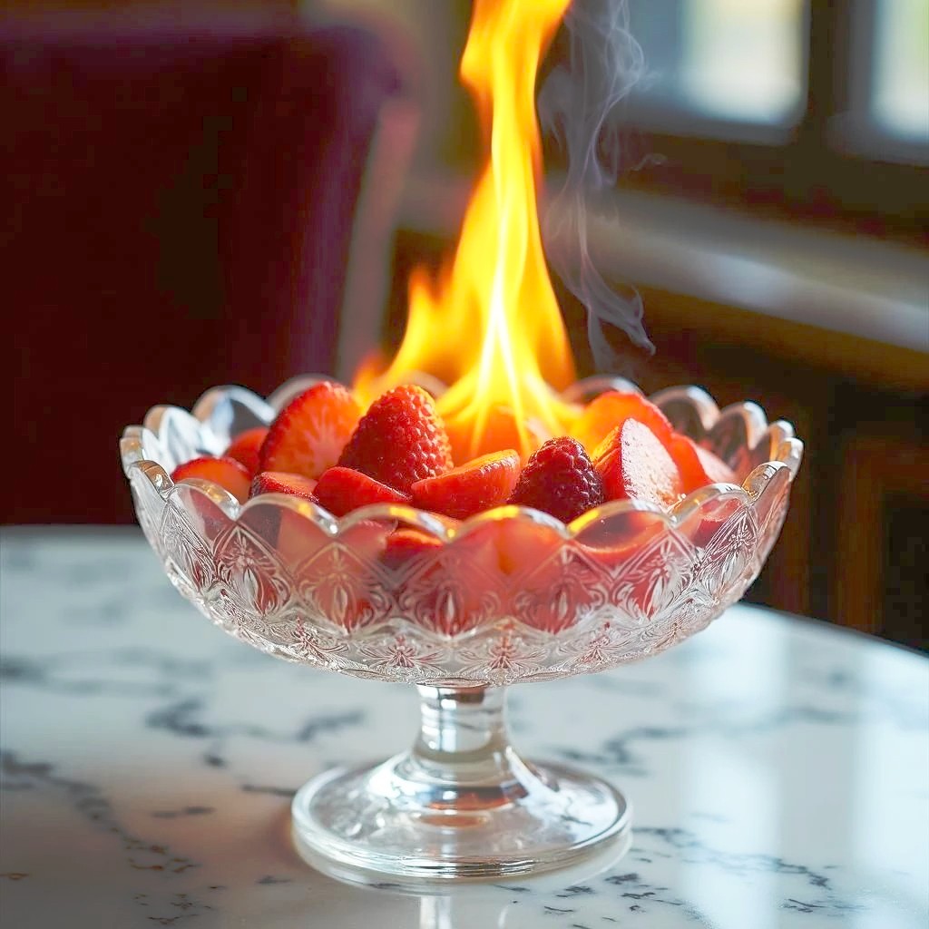 Crystal dessert bowl with strawberries on fire, flames rising from fruit on marble table
