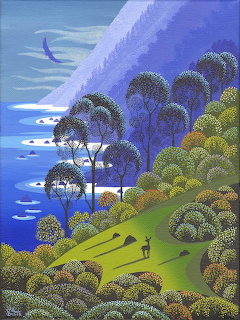 Folk art painting of Big Sur coast with blue trees on hillside overlooking ocean