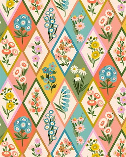 Repeating diamond pattern with colorful flowers and botanical illustrations in vintage style