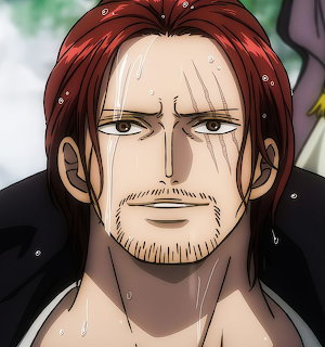 Close-up portrait of Shanks, red-haired anime character with facial scars and black cloak