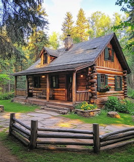 Rustic log cabin with stone chimney in forest clearing with wooden fence and green lawn