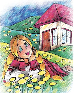 Illustration of blonde girl lying in garden with yellow flowers and cottage