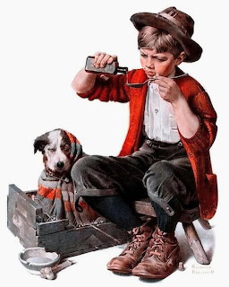 Boy administering medicine to dog from spoon, vintage illustration