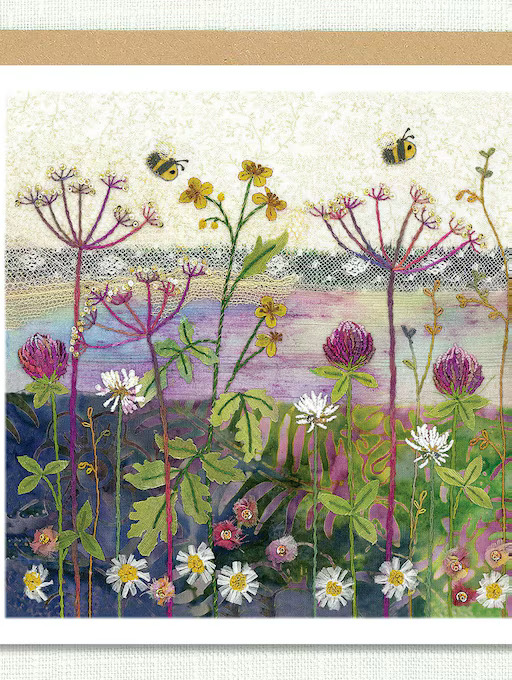 Mixed media collage of wildflowers, clover, and daisies with bees against a pastel landscape background