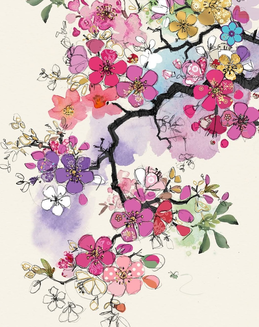 Watercolor illustration of colorful cherry blossom branches with pink, purple, and white flowers