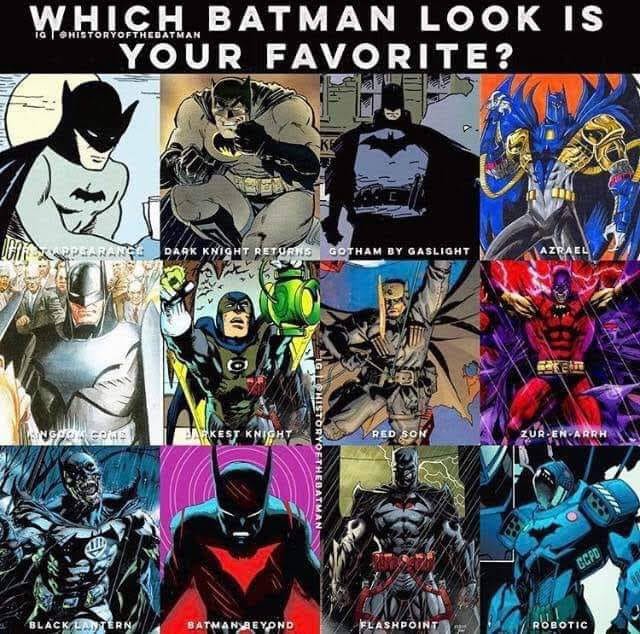 Square collage of multiple Batman character designs with a bold question at the top