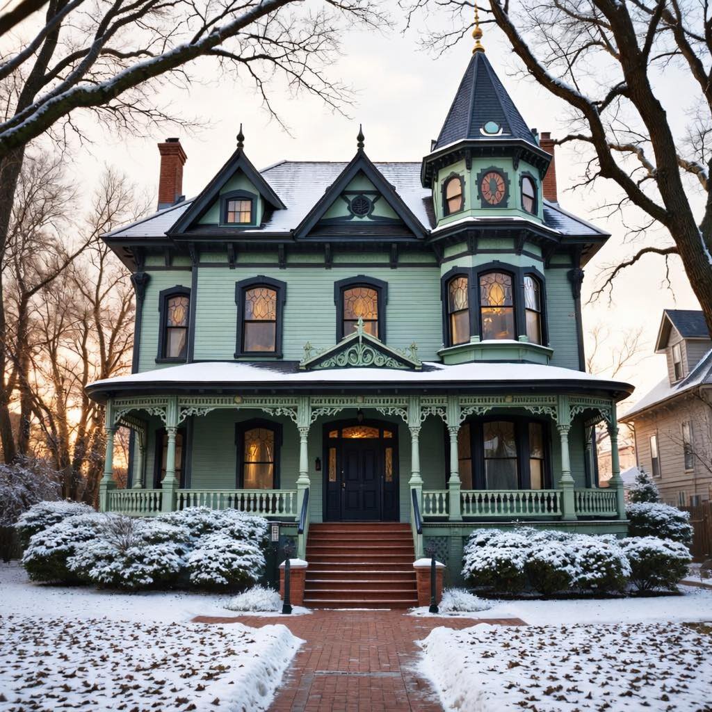 Victorian mansion with turret covered in snow at twilight with glowing windows