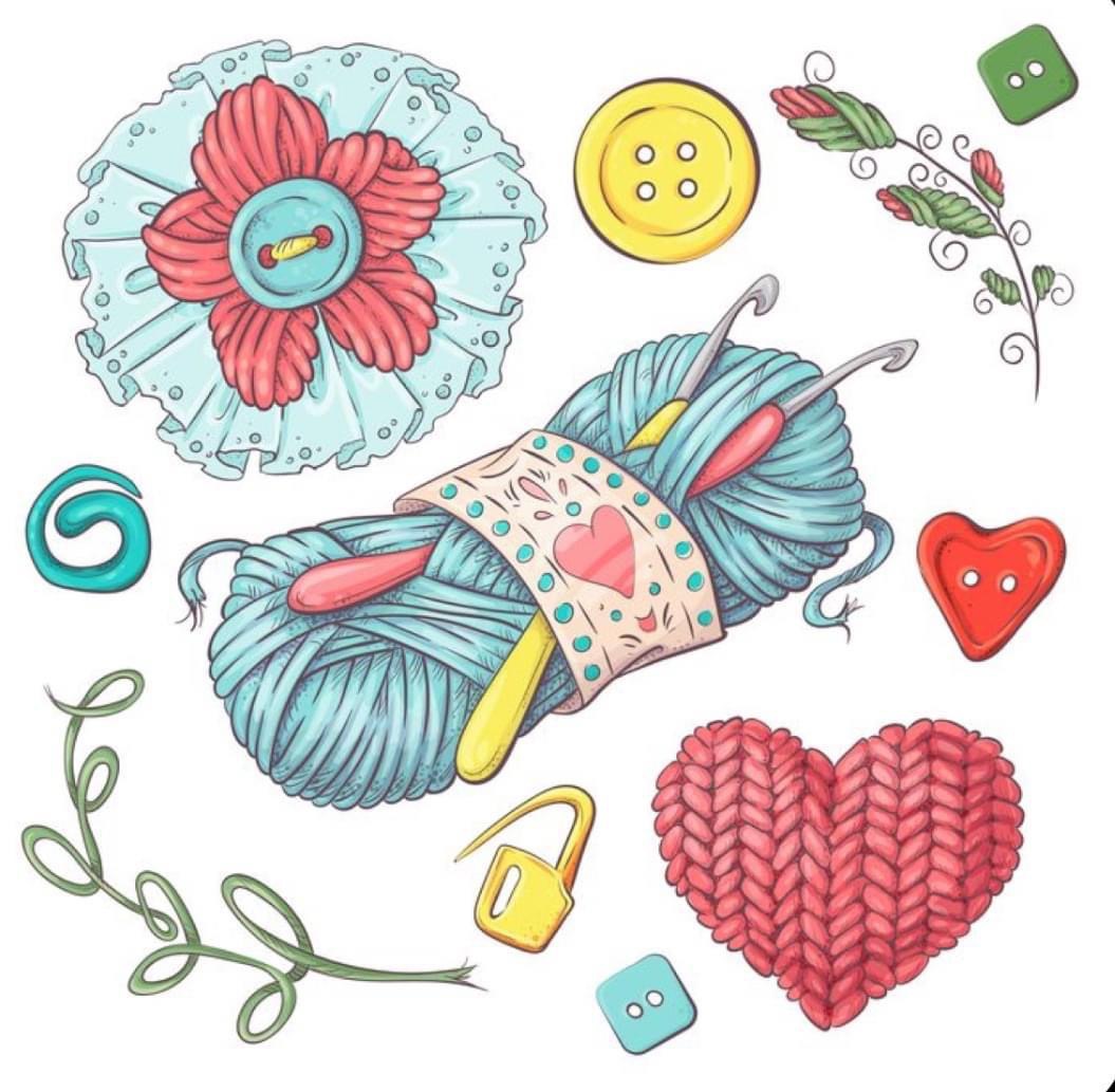 Watercolor craft supplies: yarn, knitting needles, buttons, crocheted heart, and decorative flowers