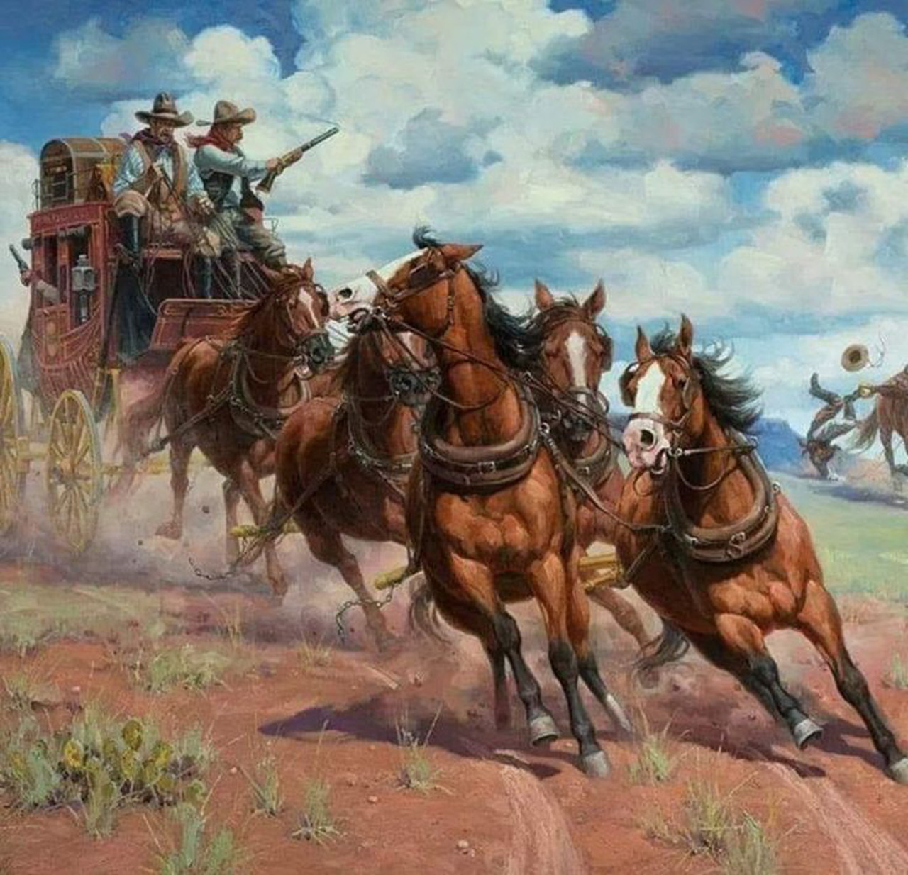 Painting of a stagecoach pulled by galloping horses with armed riders in a dusty western scene