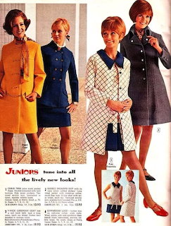 1960s junior fashion catalog showing women in mod coats and dresses in yellow, blue, and plaid styles