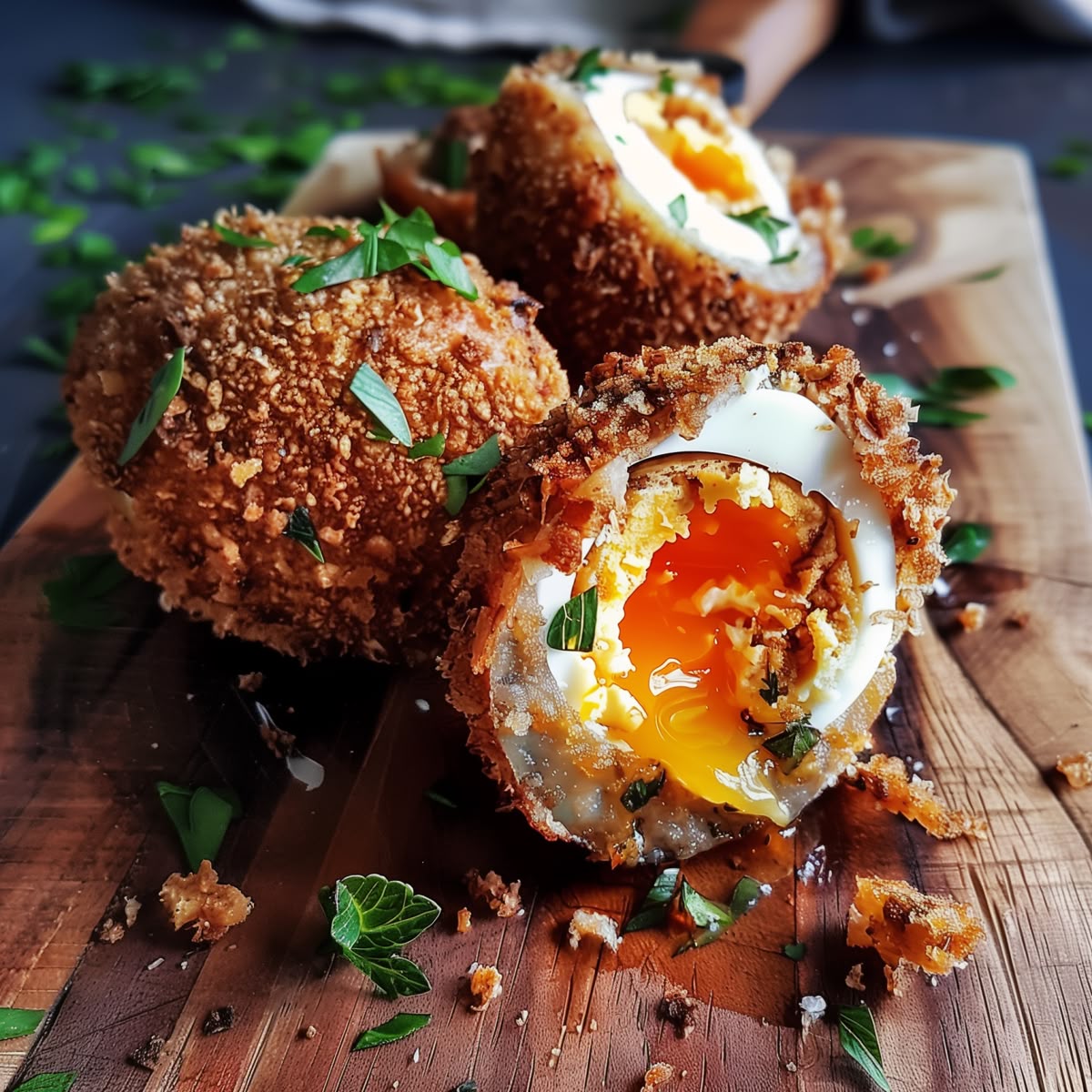 Three breaded Scotch eggs on wood board, one cut open showing runny yolk, garnished with parsley