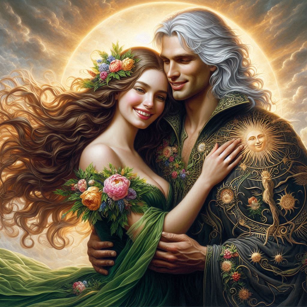 Fantasy illustration of a romantic couple embracing with flowing hair, flowers, and celestial-themed clothing