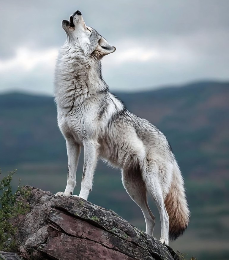 Gray wolf howling while standing on rock ledge with mountain backdrop