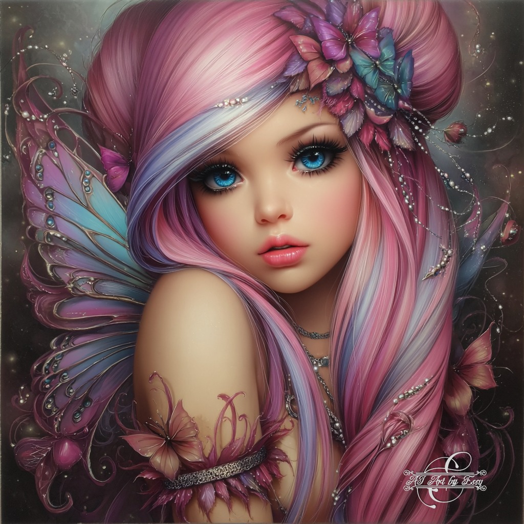 Fantasy fairy with pink hair, butterfly wings, and floral crown holding glowing orb
