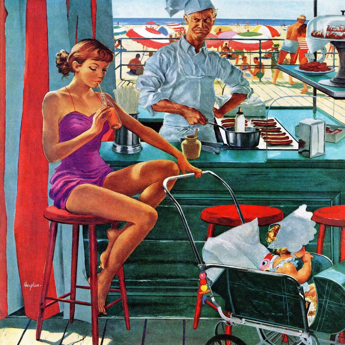 Vintage painting of woman at beach food stand with vendor and baby stroller