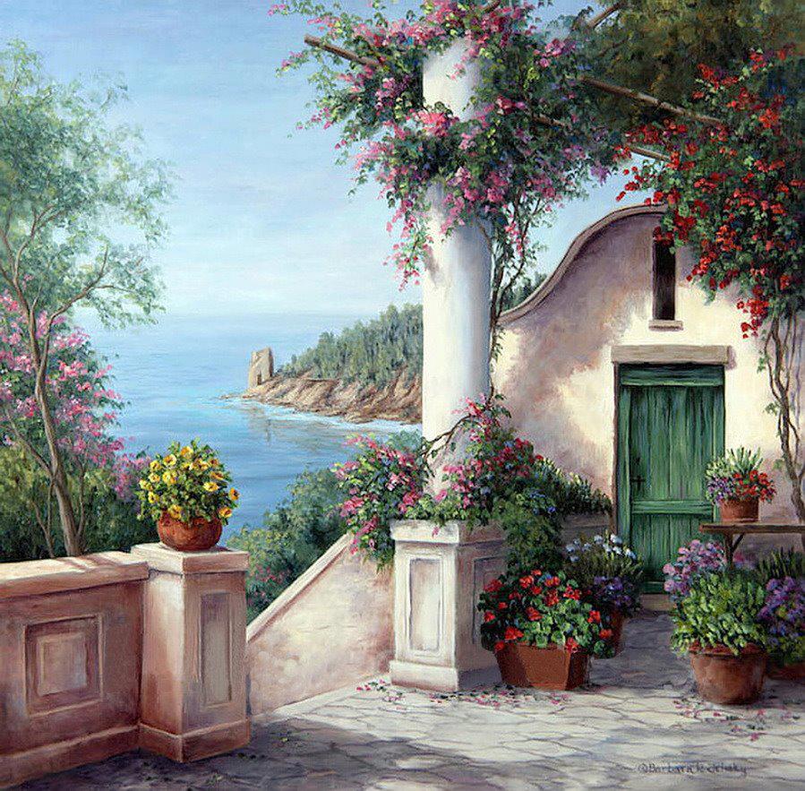 Painting of a Mediterranean villa terrace with flowers and sea view