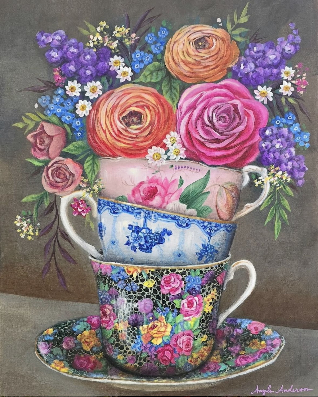Painting of two decorative teacups stacked with colorful flowers spilling from the top cup