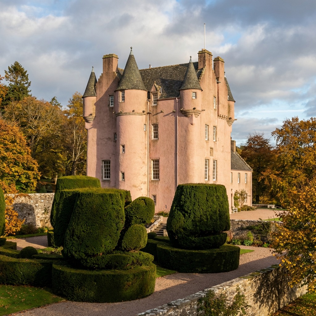 Pink castle with conical turrets and formal topiary garden in Scotland