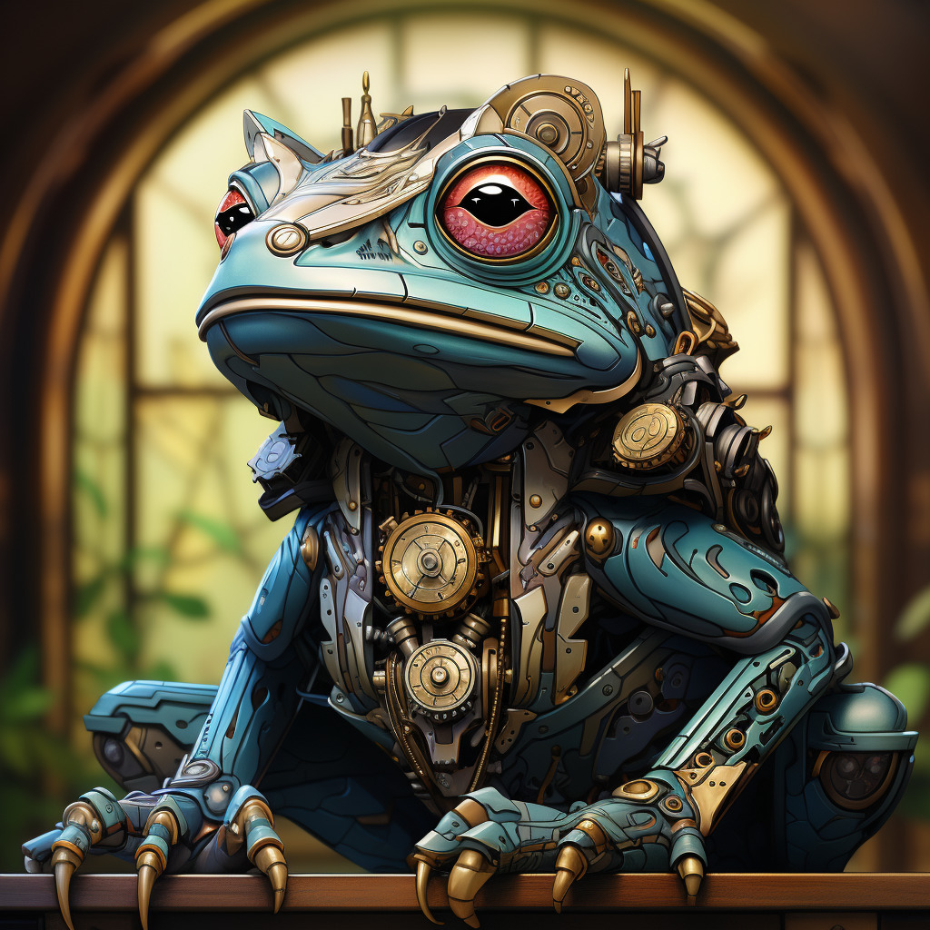 Steampunk robotic frog with gears and metal armor sitting before an arched window