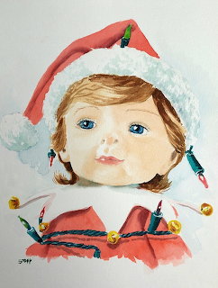 Watercolor portrait of a young elf child wearing a red Santa hat and Christmas lights