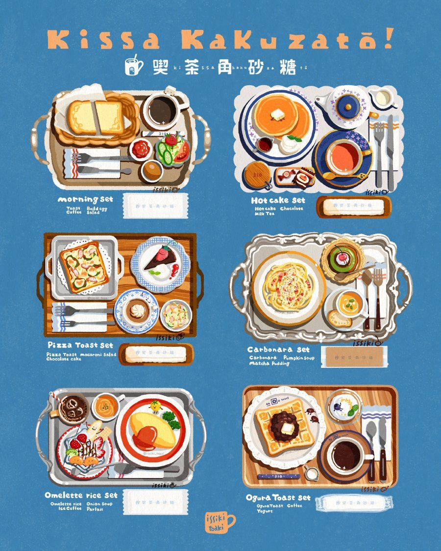 Illustrated Japanese café menu showing six meal sets on trays with food items like pancakes, toast, and eggs.