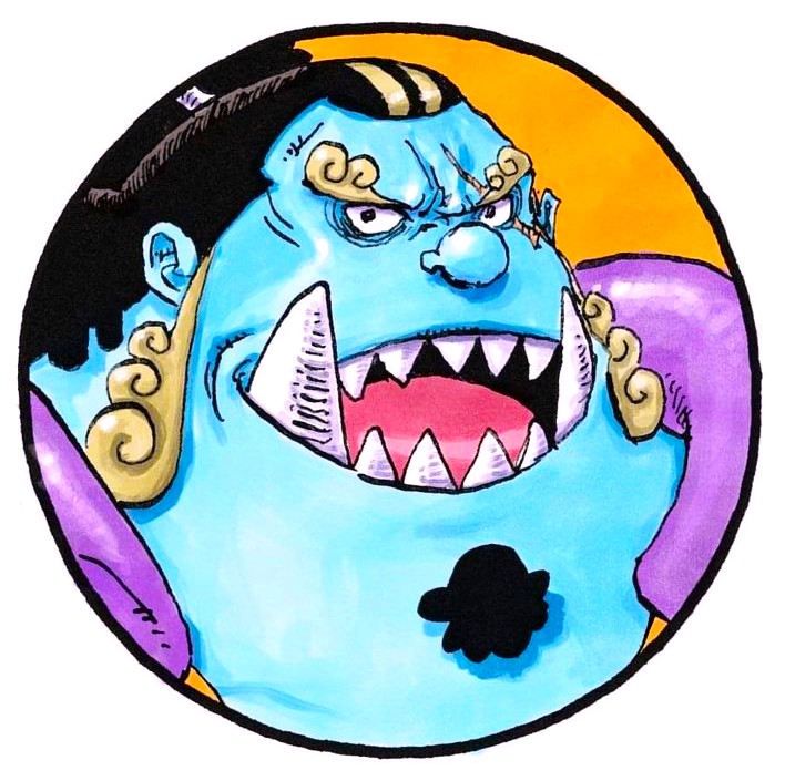 Cartoon illustration of blue fish-man character Jinbe from ONE PIECE anime with sharp teeth and traditional clothing