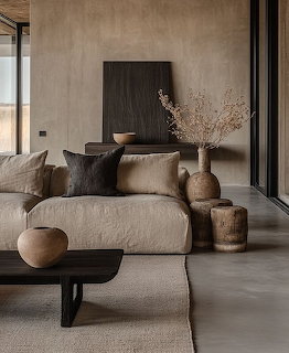 Minimalist living room with beige sofa, wooden vases, dried branches, and neutral earth-tone decor