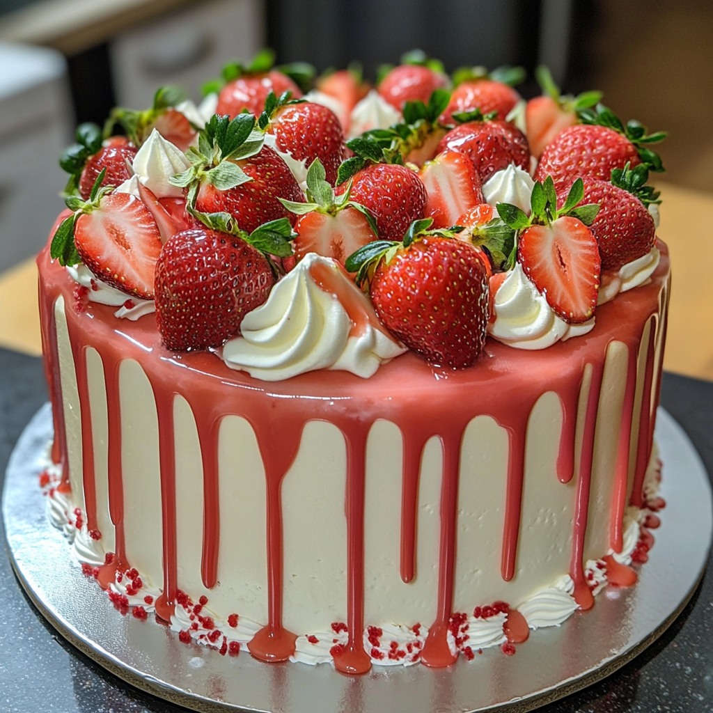 A white cake with red strawberry drip icing, fresh whole and half strawberries, and whipped cream dollops.