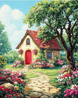 Small cottage with a red door, stone path, pink flowers, and a large tree in a sunny garden