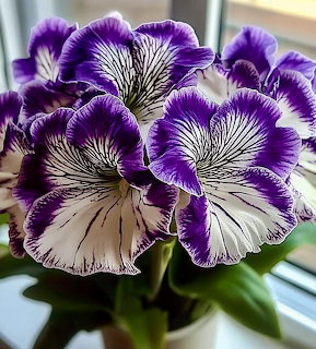 Purple and white streptocarpus flowers with detailed vein patterns and green leaves on a windowsill