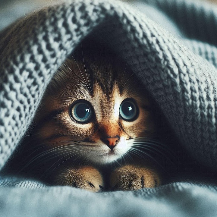 Cute kitten with big blue eyes hiding under gray knit blanket