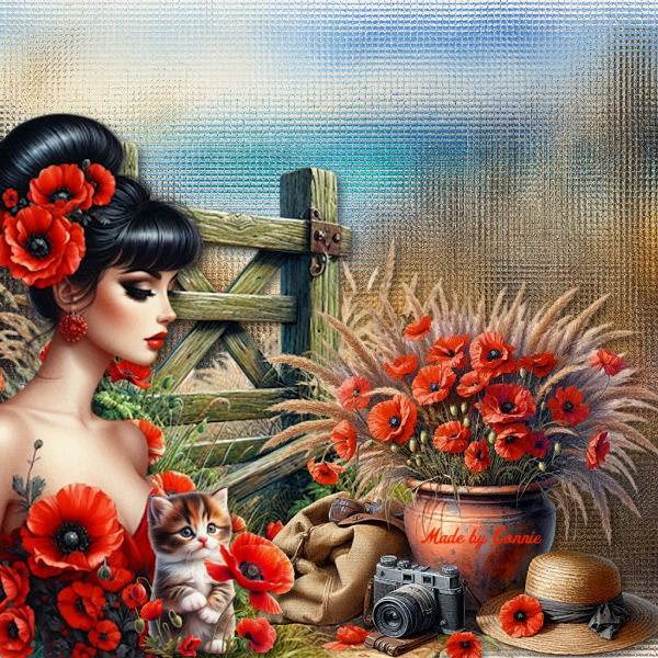 Illustration of woman with black hair, red poppy flowers, kitten, vintage camera, and wooden fence by the sea